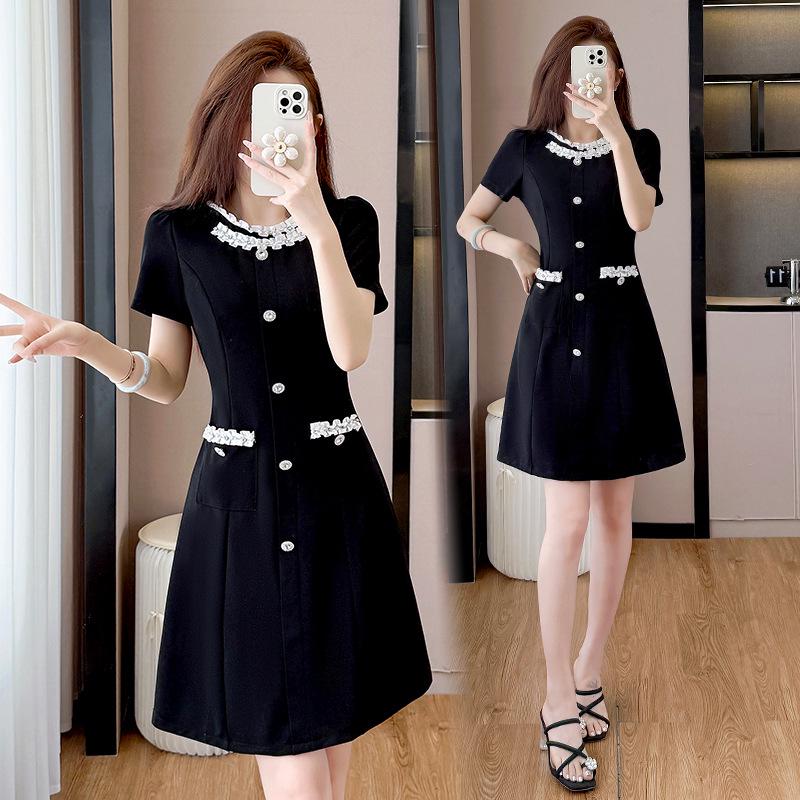 Elegant Summer Plus Size Beaded Round Neck Short Sleeve Dress 4XL чёрный