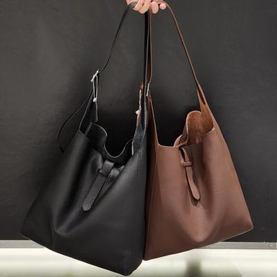Niche Leather Black Tote Bag With Minimalist Style Low-key Hobo Underarm Bucket Bag Large Capacity High-quality Women's Bag