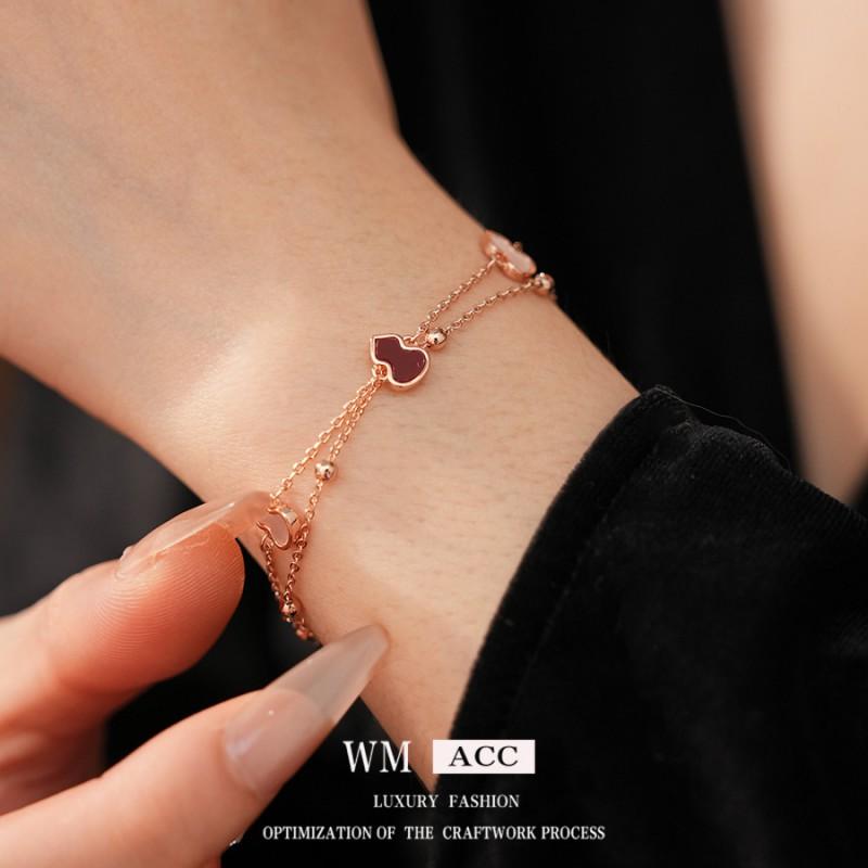 Double Layer Pendant Bracelet Women Rose Gold Plated Copper With Red Enamel Vintage French Chic Style Geometric Design