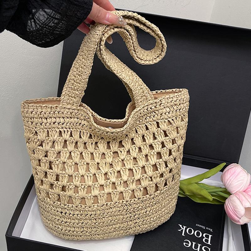 Large Capacity Straw Woven Tote Bag New Straw Bag Handmade Hollow Woven Bag Shoulder Fashion Tote Bag Vacation Beach Bag Women