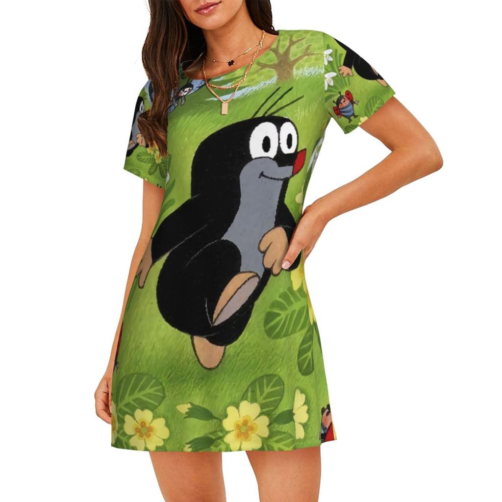 Cartoon Comic Damen Oversized Rundhals Modisches Lockeres Lässiges Sommerkleid mit Kurzen Ärmeln
