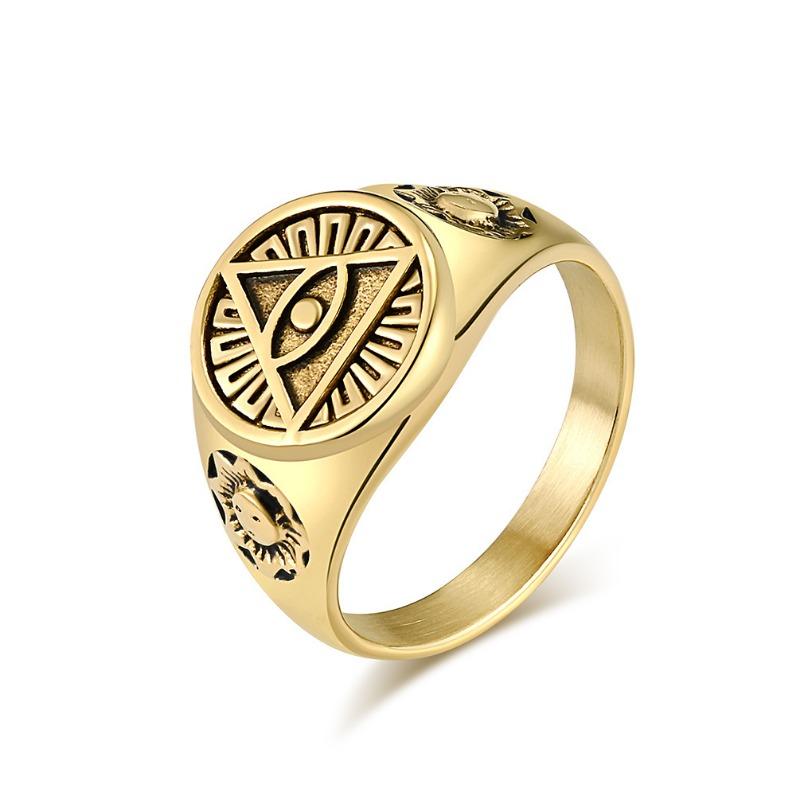 Ancient Egyptian Vintage Aged Eye of Horus Titanium Steel Ring for Mens Gold Fashion Jewellery