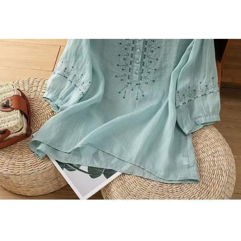 Retro Pure Cotton Five Quarter Sleeved Shirts Middle-aged Mom Loose Belly Covering Top Embroidered Women's Blouses & Shirts