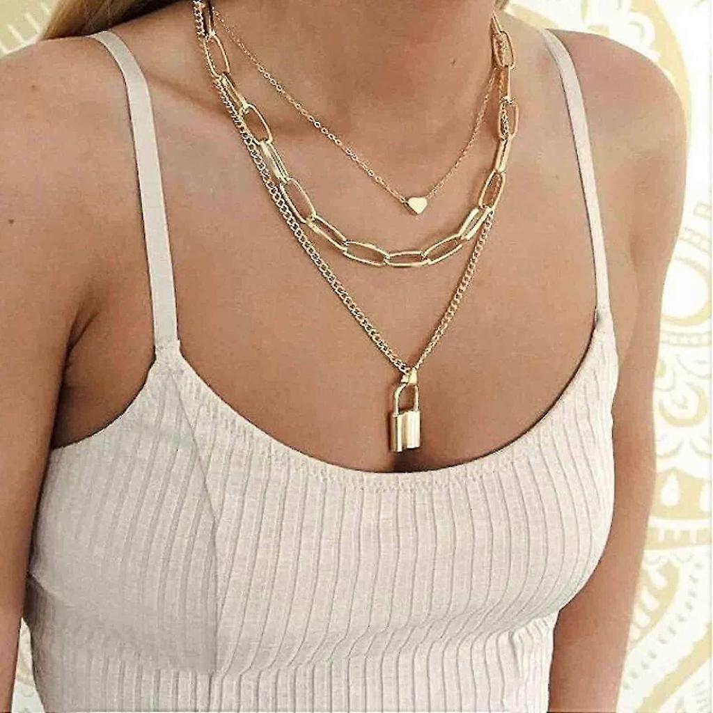 Layered Heart Necklace Gold Lock Chain Necklace Block Paper Clip Necklace