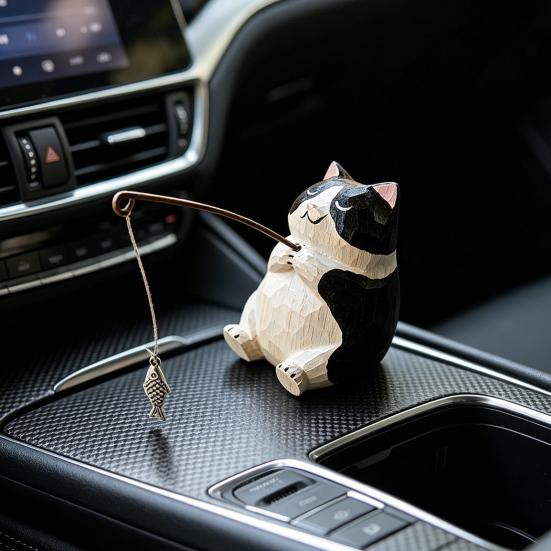 Hand-Carved Wood Ornaments Fishing Cat Sculpture Miniature Solid Wood Desktop Decor Eco-Friendly Painted Cat Figurine for Home Office Gift