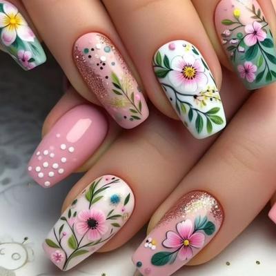 24Pcs Press On Nail Spring Flower Flase Nail Glossy Full Cover Stick On Nail Coffin Artificial Nail Manicure For Women