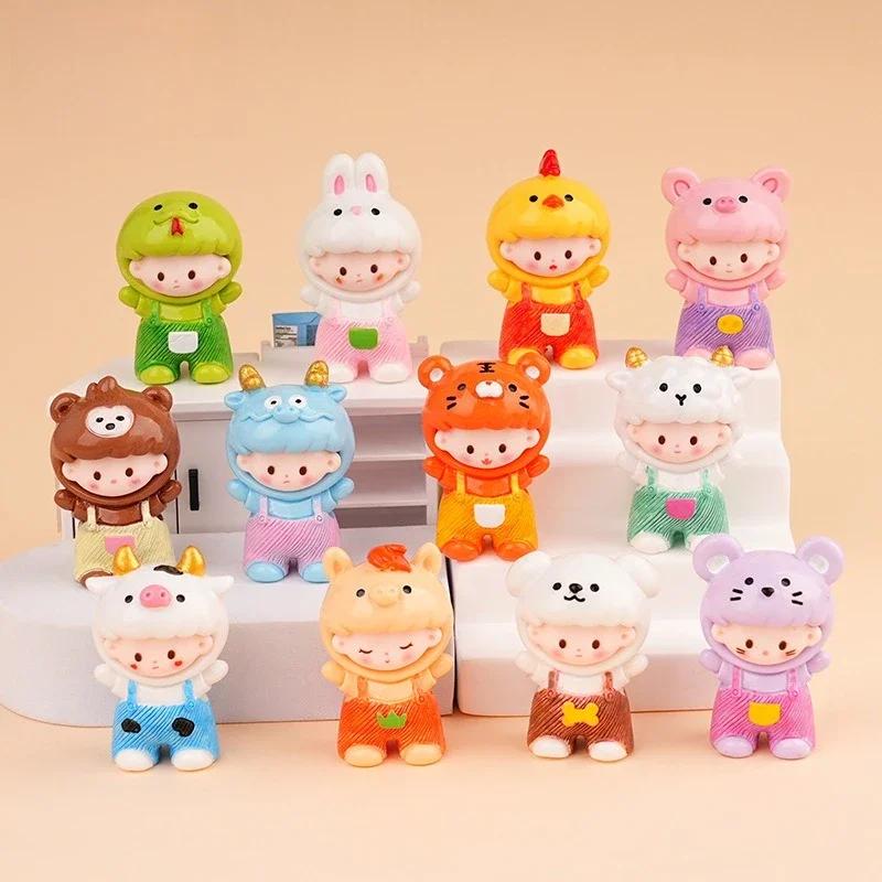 Chinese Zodiac Cartoon Figurines Resin Cute Doll House Miniatures Office Desktop Car Decorations Cute Handmade Mini Ornaments