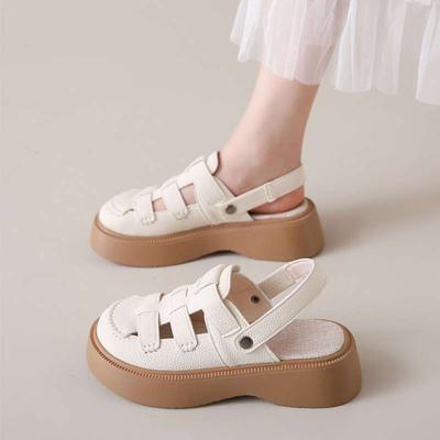 2024 Women Sandals Summer New Fashion Soft Leather Baotou Women Retro Hollow Thick Sole Braided Comfortable Beach Slippers