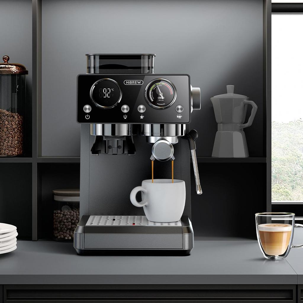 HiBREW Ekspres do kawy H20 Espresso 1350W 20Bar z wbudowanym młynkiem, spieniaczem do mleka, 20-stopniową regulacją mielenia, zbiornikiem na wodę 1,8L
