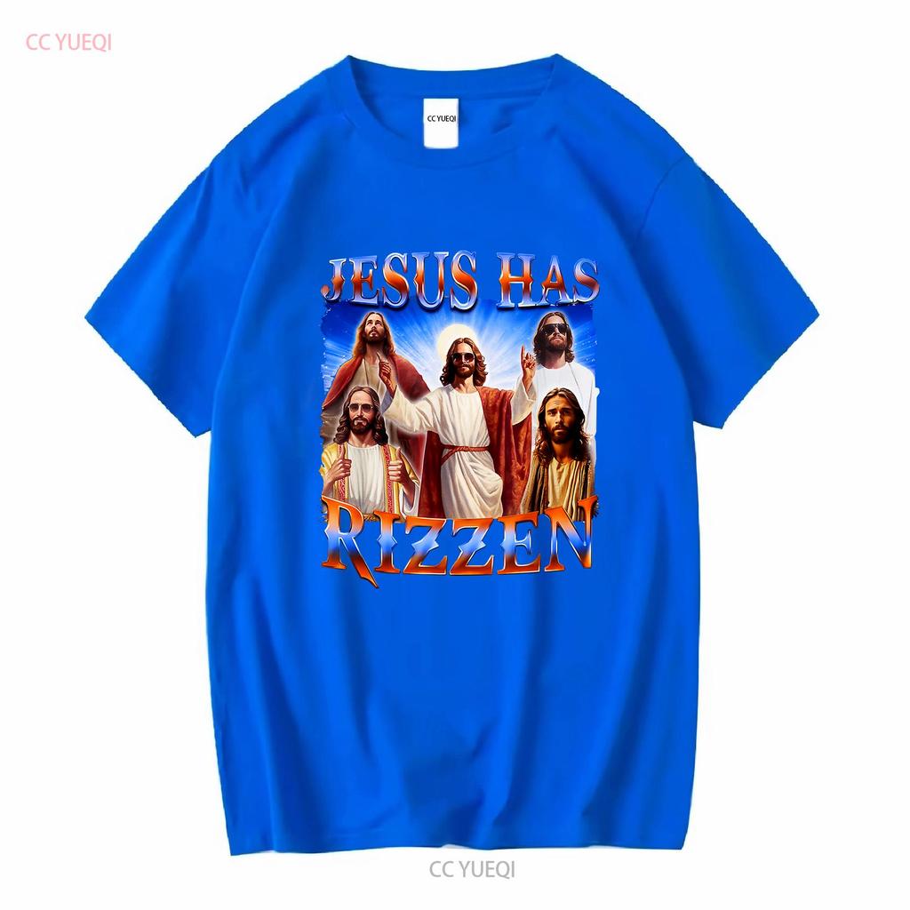 Jesus Has Rizzen He Is 2024 T Shirt Mens clothing long or short sleeves vintage Washed streetwear Slightly designer clothes