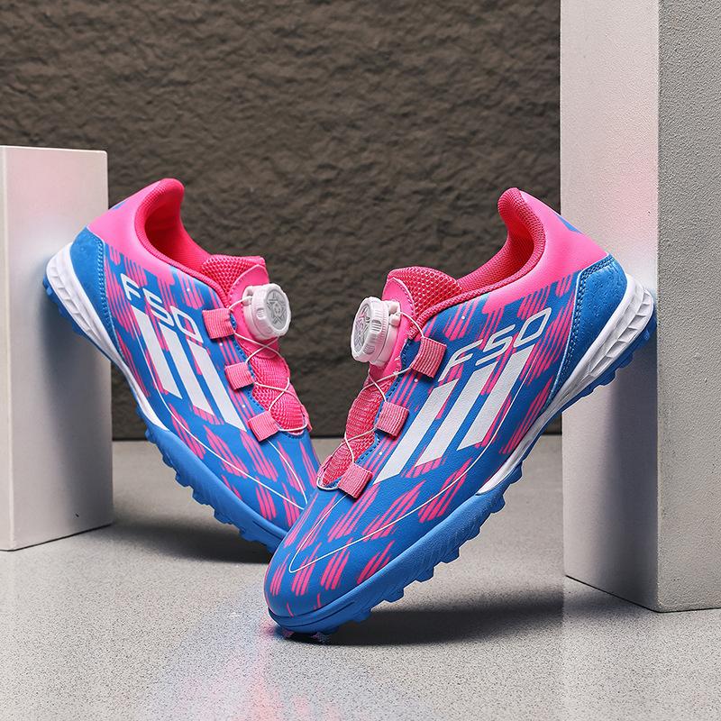 Children's Football Shoes Boys and Girls Primary School Students TF Broken Nails Leather Surface Rotating Buckle Competition Training Shoes One Piece