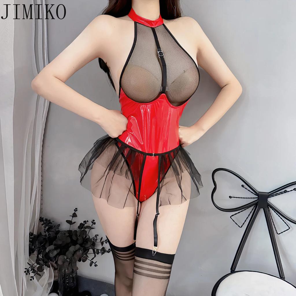 Jimiko Sexy Costumes For Adult Women Erotic Lingerie Onesies Latex Leather Bodysuit Halloween Cosplay Devil Anime Outfits 18+
