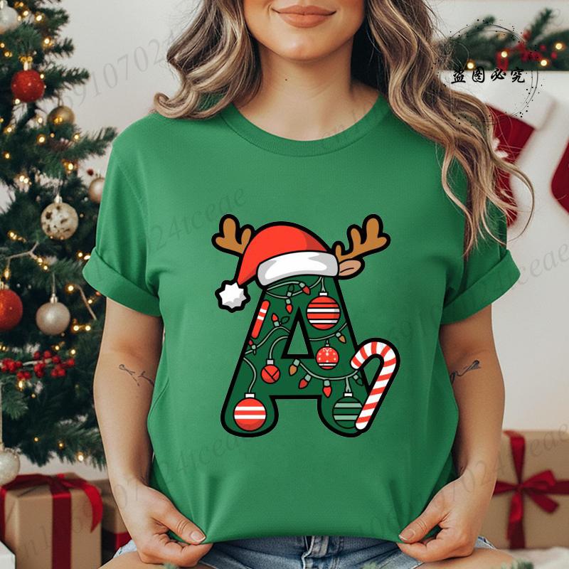 Fashion Printed T Shirt Festive Christmas Alphabet Letter with Santa Hat Unisex T Shirt Short Sleeves Crew Neck Female Clothes