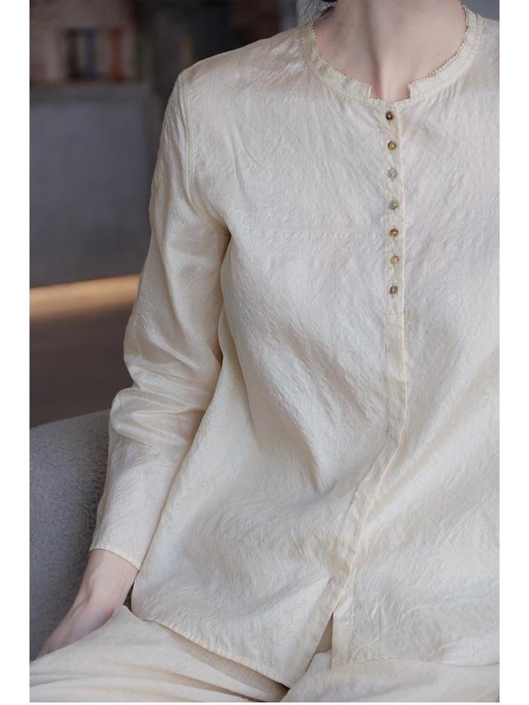 Autumn 2021 Retro Chinese Style Tussah Mulberry Silk Stand Collar Loose Long Sleeve Casual Women's Shirt