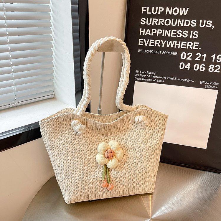 Summer Women Straw Woven Shoulder Bag Straw Bag Flower Embroidery Beach Handbags Casual Ladies Large Capacity Totes Pouch