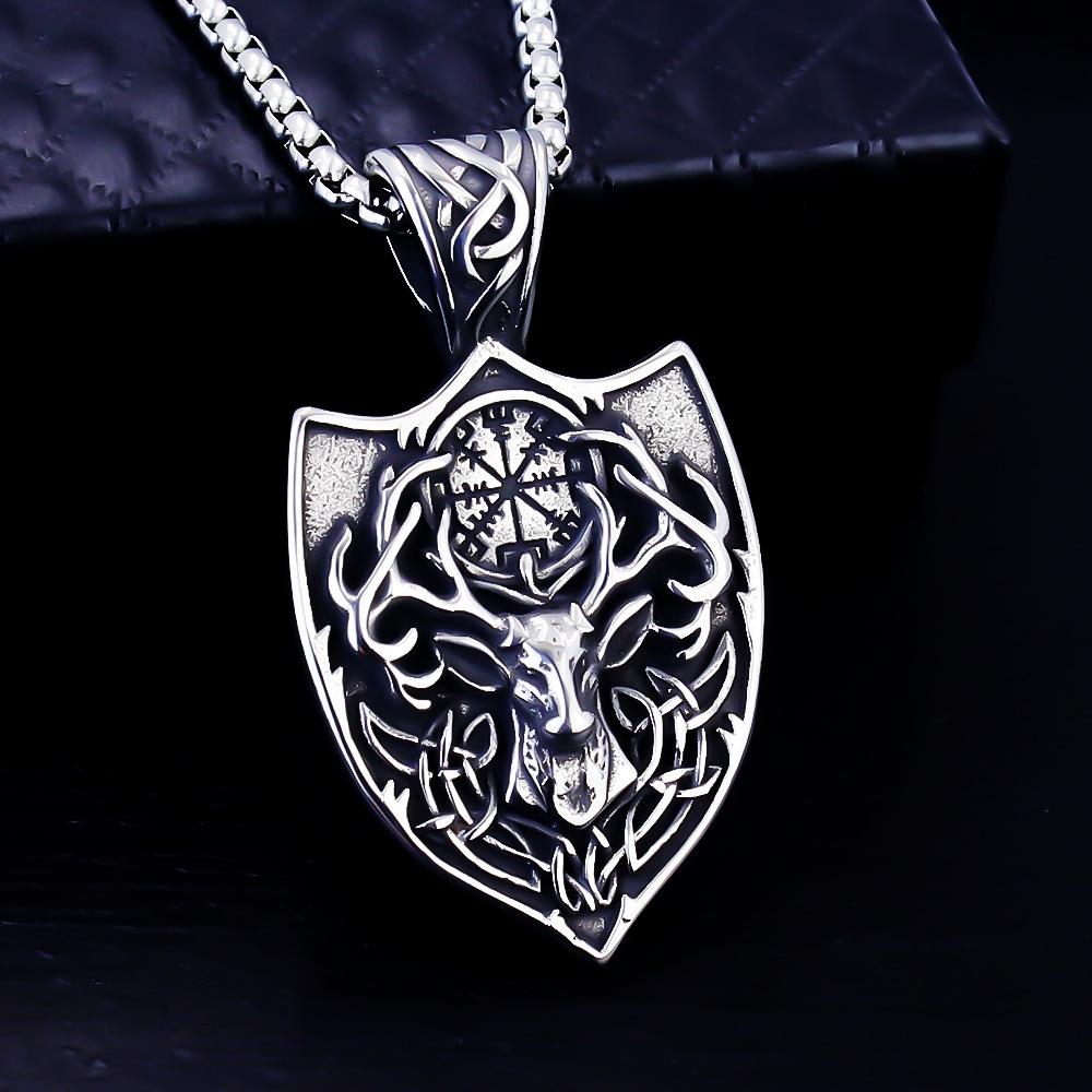 European Viking Titanium Steel Rune Necklace with Stainless Steel Spearhead and Compass Pendant
