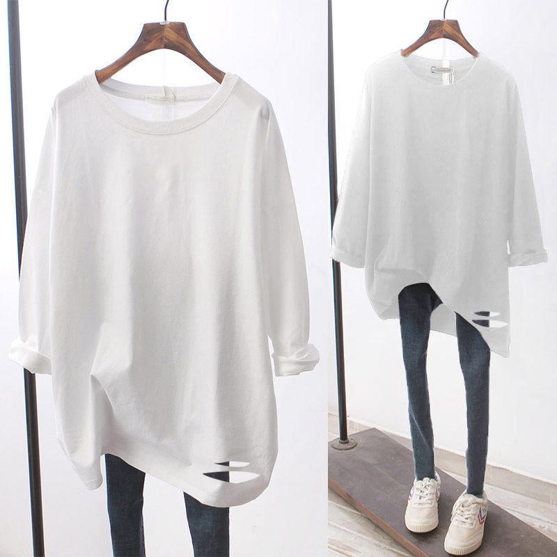 Women's Thickened Fleece Lined Pure Cotton White Long Sleeve T-Shirt - Korean Style Mid-Length Base Layer for Autumn and Spring