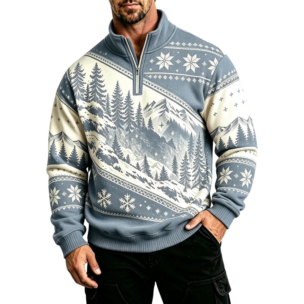 Men's Casual Zip-Up Lined Sweatshirt with Stand Collar Long Sleeve Print for Fall and Winter
