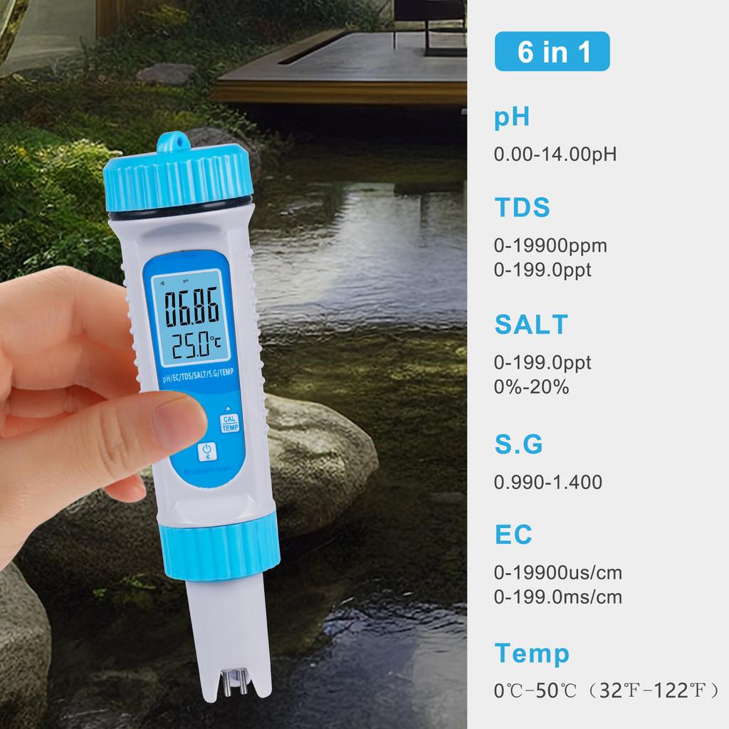 Smart BT 6 in 1 Ph Tester Acqua della piscina PH EC TDS SALT SG Tester di temperatura Qualità dell'acqua della piscina