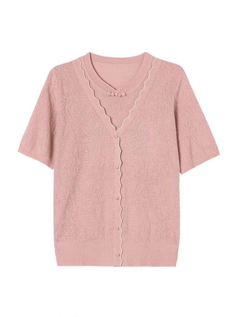 Mom's Summer Ice Silk Lace Knit V-Neck Cardigan - Women's Stylish Age-Reducing Short-Sleeve Top