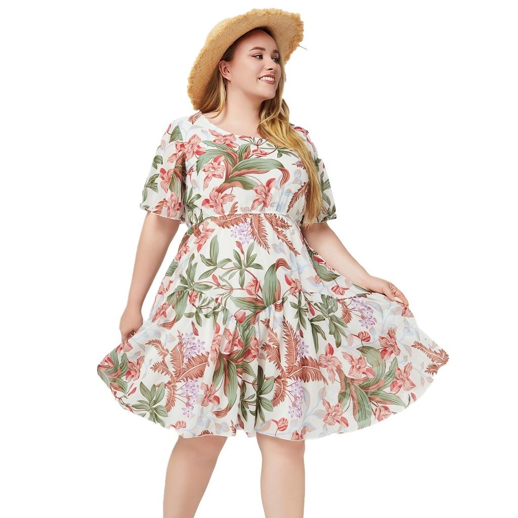 Floral Print Round Neck Short Sleeve Plus Size Dress for Curvy Women