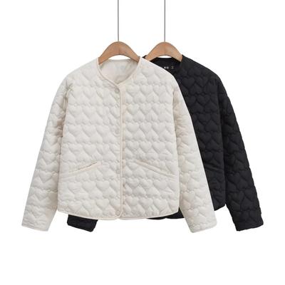Herzförmige gesteppte Damenjacke, Herbst/Winter, lässiger O-Ausschnitt, einfarbig, Knopftaschenmäntel, neue Damen-Oberbekleidung