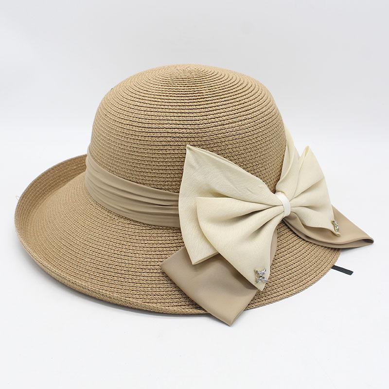 Hepburn big edge crimped basin hat bow sunshade straw hat bucket hat fashion sunscreen beach hat elegant sun hat