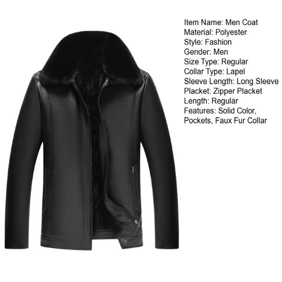 Men Coat Faux Fur Lapel Long Sleeve Faux Leather Jacket Thickened