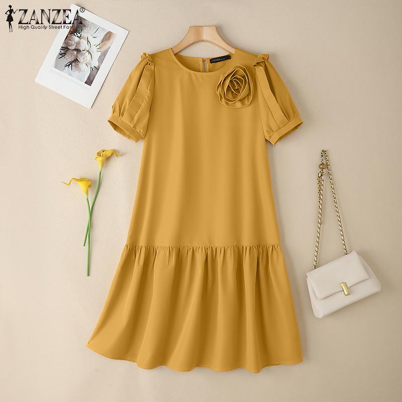 ZANZEA Women Summer Casual Round Neck Loose Short Sleeve Dress