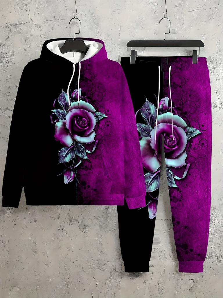 Europe And The United States New Fashion Leisure Sports Hooded Flower Print Sweater Set