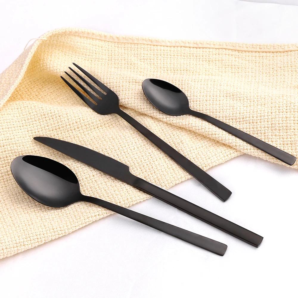 Black Cutlery Stainless Steel Western Tableware Mirror Knife Fork Spoon Dinnerware Kitchen Utensils 1/2/3/4/5 Set Flatware Plate