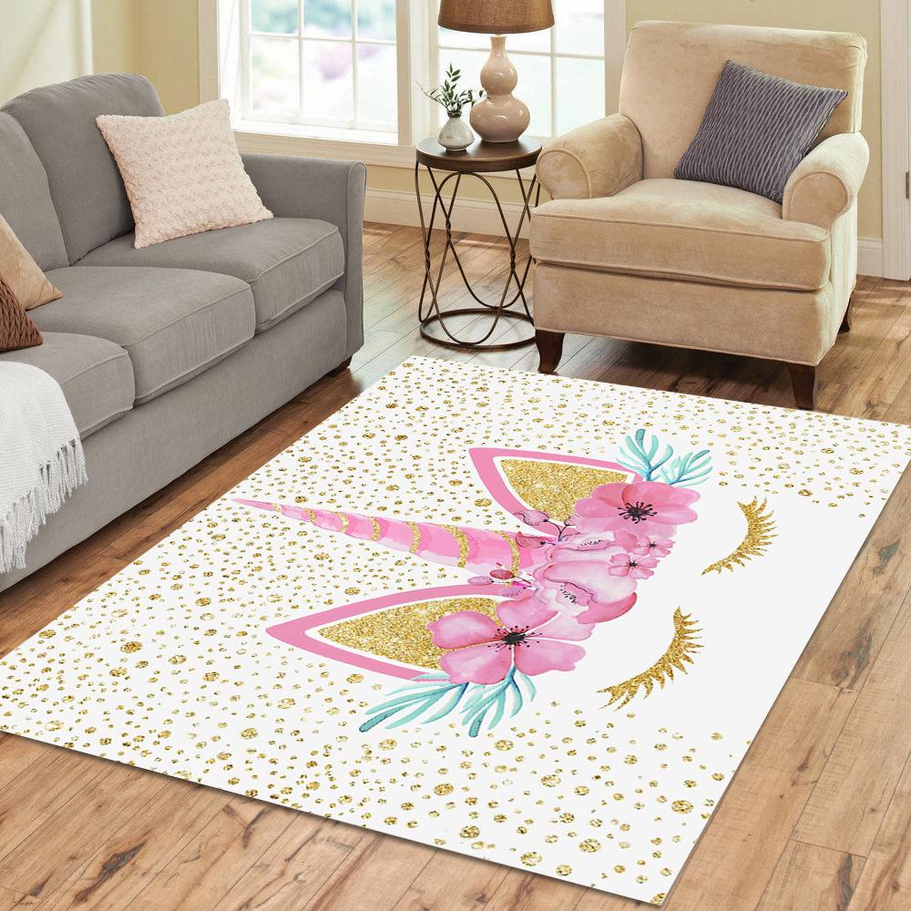 Cute Unicorn Carpet Cartoon Magical Animal Indoor Floor Mat Colourful Floral Area Rug for Kids Girls Living Room Decor Doormat