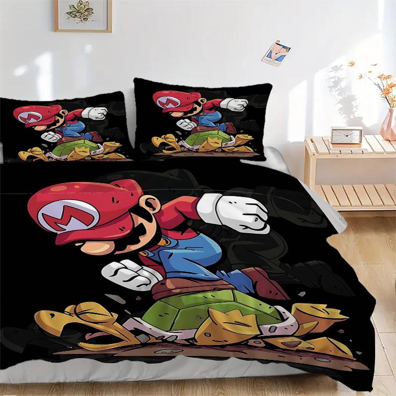 3pcs Super Mario's Epic Battle Printed Quilt Set - Includes 1 Quilt Cover and 2 Pillowcases, Machine Washable - Suitable for All Seasons.C088