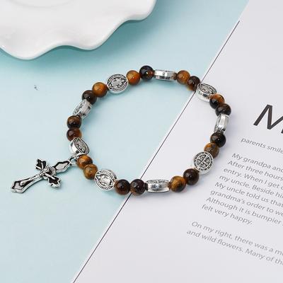 Vintage Fashion Tiger Eye Stone Cross Bracelet Obsidian Agate Alloy Beaded Bracelet