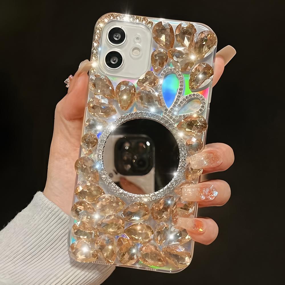 

Glitter Crystal Rhinestone Phone Case with Mirror, Clear Bling Floral Cover For iPhone 17 16 15 14 13 12 11 Pro Max Air mini 16e 8 7 Plus X XS XR iPhone 17 золотой