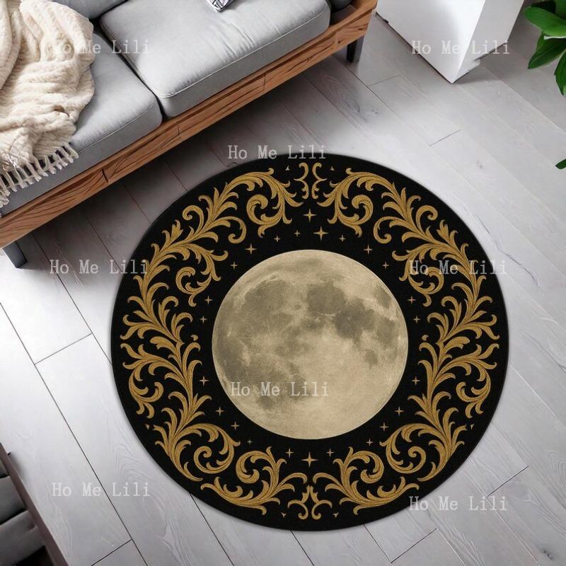Baroque Full Black Gold Celestial Carpet Round Mat With Ornate Frame Gothic Moon Rug For Mystic Elegant And Modern Home Decor