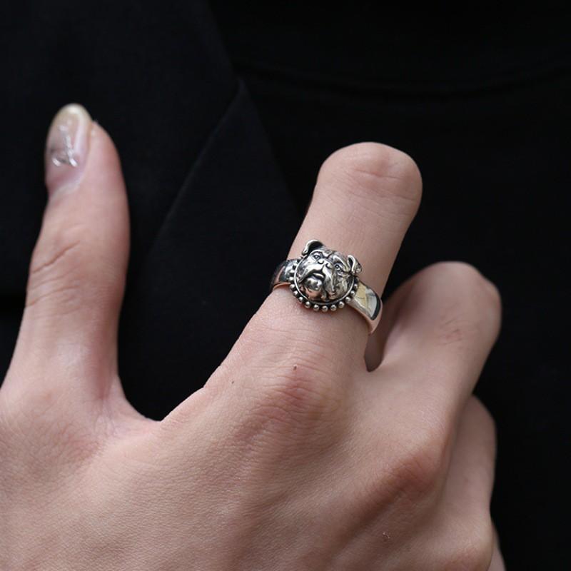 Adjustable Open Ring With Vintage Bulldog Charm Plated Unisex Retro Animal Jewelry