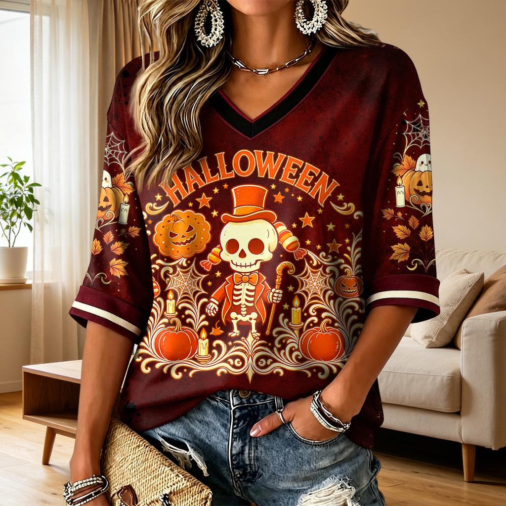 Women's Casual Halloween Print V-Neck T-Shirt