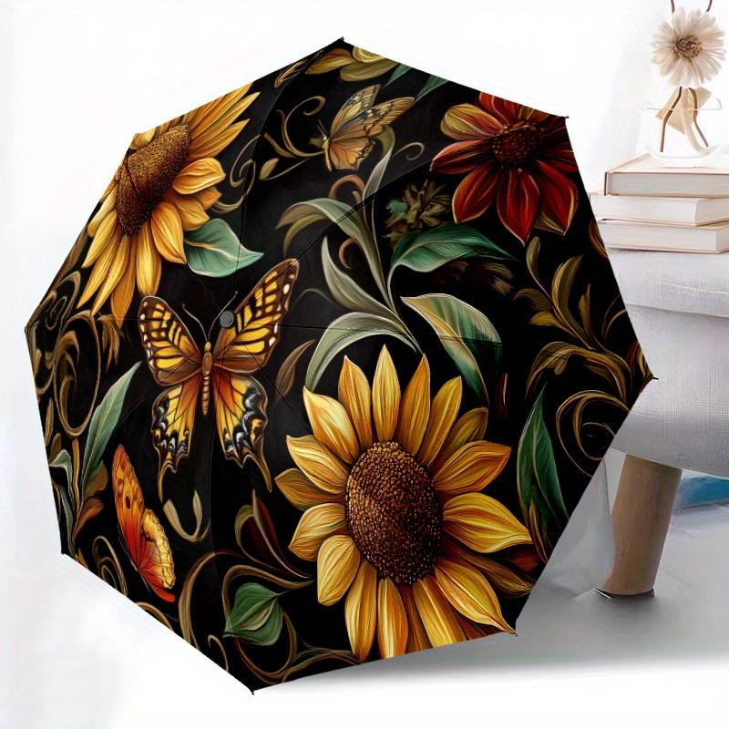 Floral & Butterfly Print Umbrella - Automatic Folding, 8 Ribs for Stability, Vibrant Sunflower & Butterfly Design, Perfect for