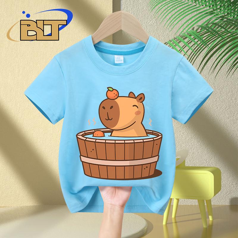 Capybara in hot tub printed Kids TShirts summer childrens pure cotton shortsleeved casual tops boys and girls gifts