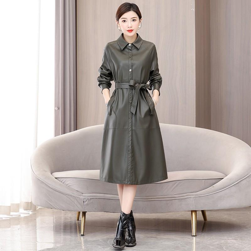 Womens Mid-Long Sheepskin Leather Coat Winter Elegant Office Wear Oversized Fit Black Army Green Burgundy