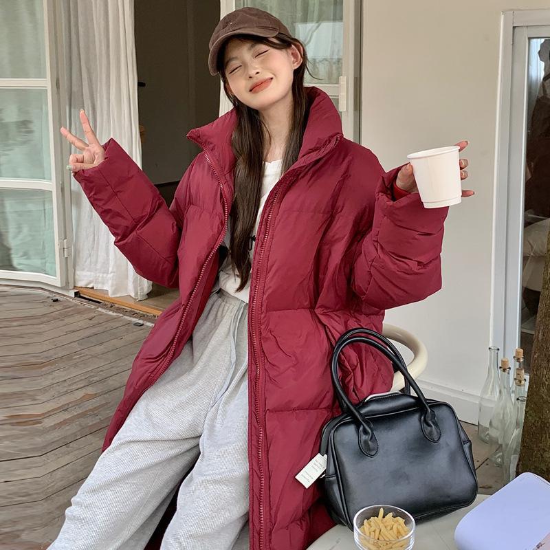 Women's Thick Padded Over-the-Knee Cotton Coat with Stand-Up Collar, Loose Fit, Plus Size, Long-Length Warm Outerwear.