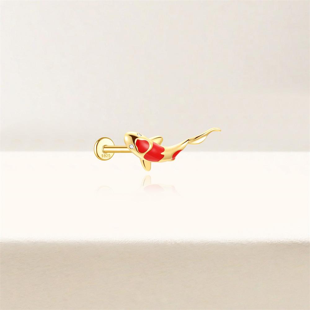 S925 Sterling Silber Diamantbesetztes Koi-Tier Flachkopf Gewinde Piercing Knochennagel Klassische Ohrringe