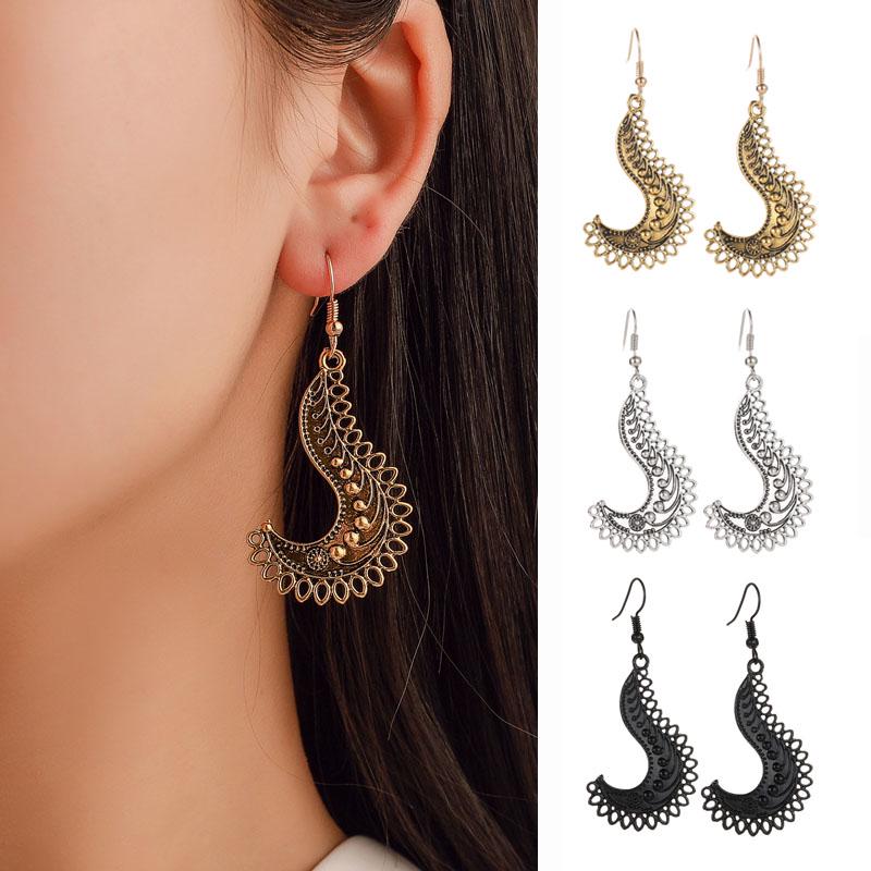 Vintage Black Gold Clip Earrings, Floral Geometric Hollow-Out Design-349202