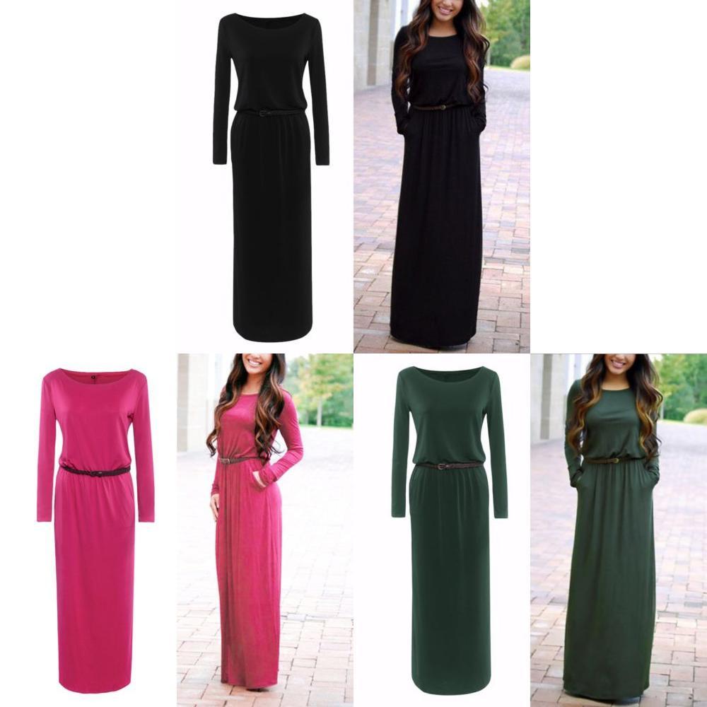 Casual Fashion Women Long Sleeve Belted Party Evening Cocktail Long Dress Maxi