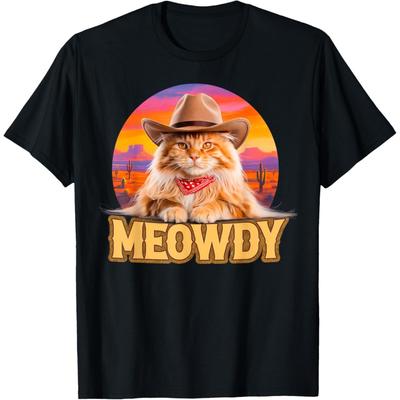 Meowdy Grafik Lustig Sonnig Westliches Land Cowboy Flauschige Katze T-Shirt