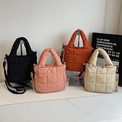 Autumn Winter Nylon Padded Crossbody Bag for Women, Solid Color Quilted Shoulder Handbag, with Polyester Lining, Zipper Closure