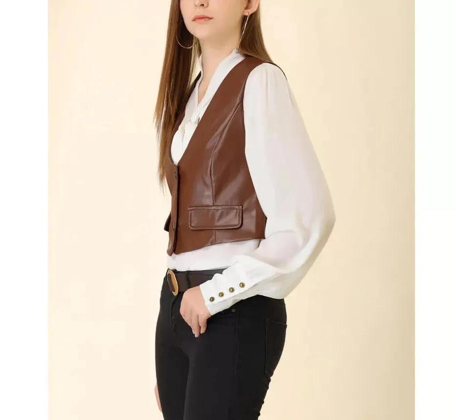 Western Women Party Brown Leather Stylish Button Vest Coat Waist Coat Lambskin