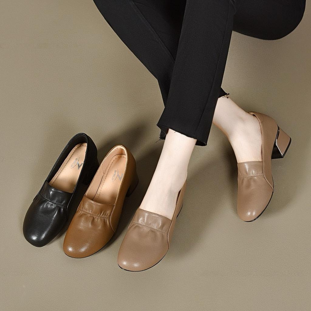 Round Head Single Shoes Women's Autumn Two Kinds of Height Ruffle Edge Shallow Mouth Women's Shoes Four Seasons Shoes Cowhide Thick Heel Work Shoes