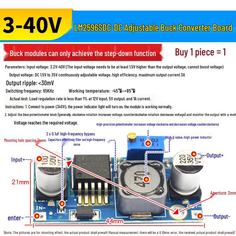 Modulo Convertitore Buck DC-DC Regolabile LM2596S: Regolatore di Tensione ad Alta Potenza da 24V a 12V, 5V, 3.3V